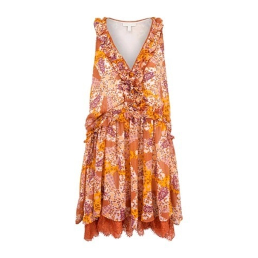 Miss Me Dress Women L Fall Festival Patchwork Ruffle Lace Hem Boho Mini